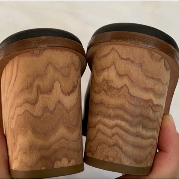 Vince Black Leather Mules Slip On Sandals Natural Wood Wedge Heels US7.5 - Picture 11 of 12